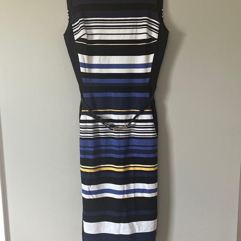 White House Black Market Black Blue Yellow Stripe Sheath Dress with Belt Size 2